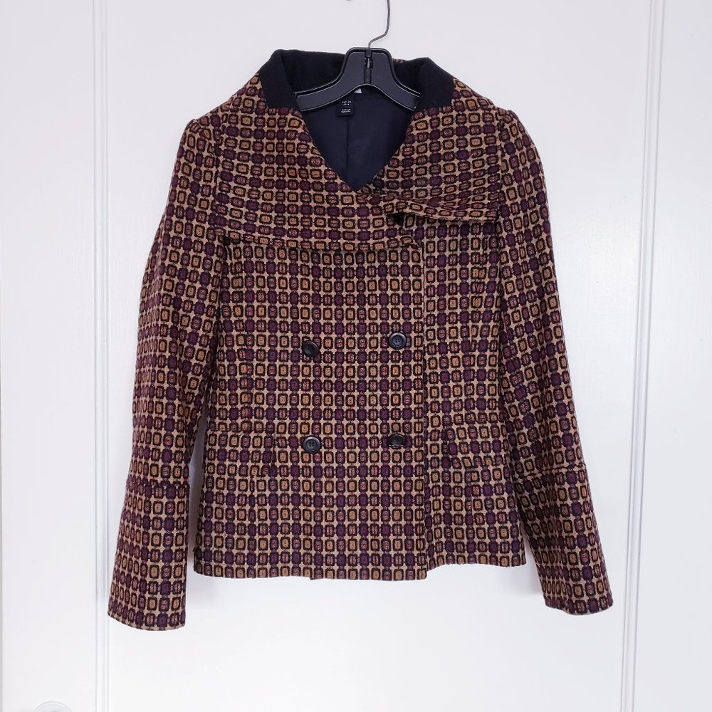 H&M Pea Coat Jacket 6 Brown Geometric Print Wool Blend Double Breasted